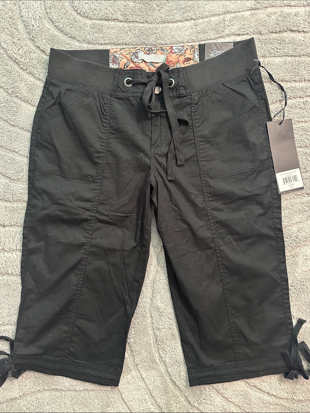 one 5 one Black Drawstring Capri Cargo Pants